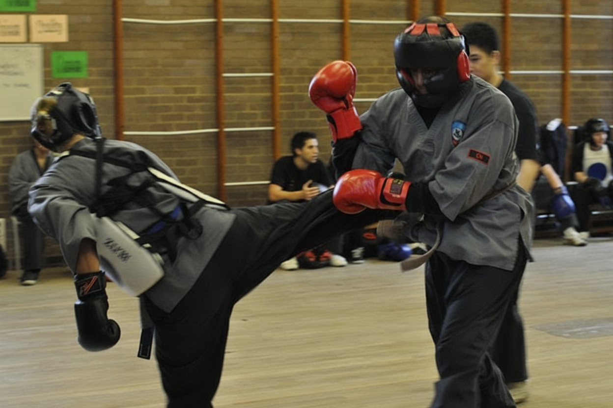 Adults and teens martial arts training in a focused class